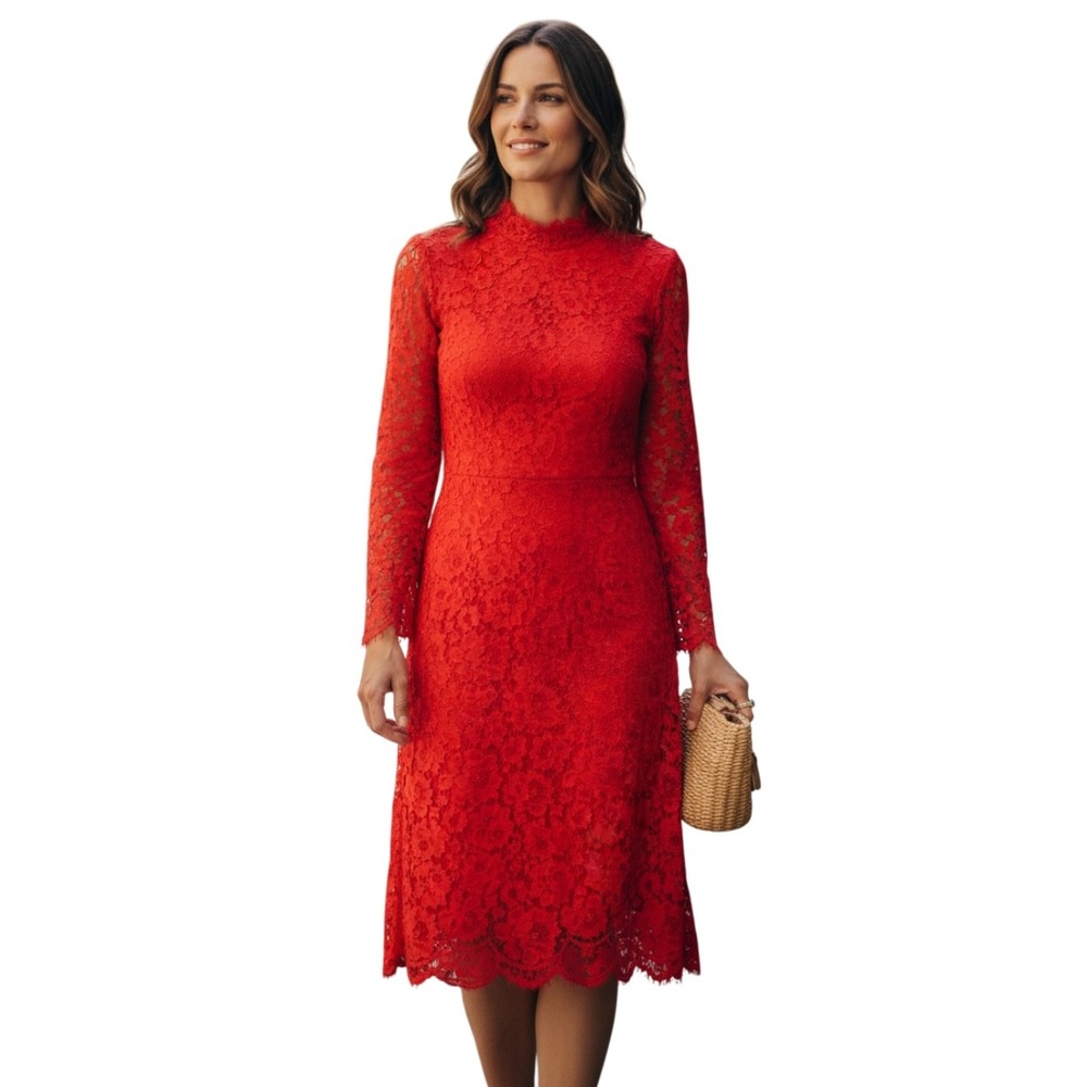 STYLEWE Red Floral Lace Mock Neck Midi Dress Long Sleeve A-Line Elegant SZ M NWT